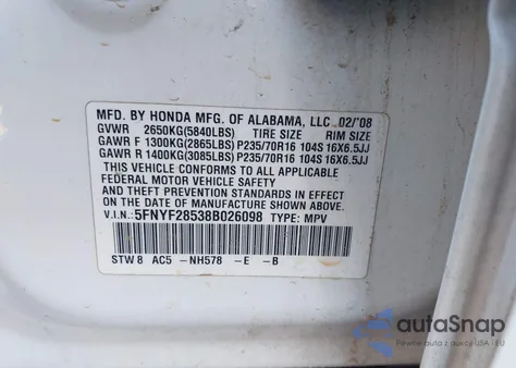 2008 Honda Pilot Ex-L from USA, damaged, VIN 5FNYF28538B026098